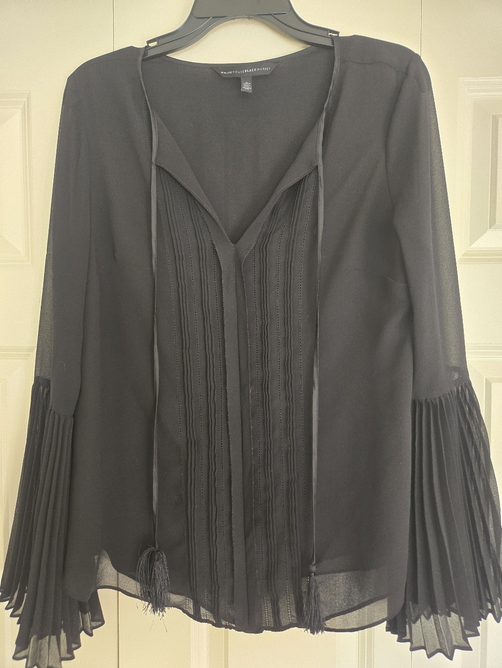 White House Black Market Black Sheer Blouse Pleated Bell Sleeve Tie Neck Size 8